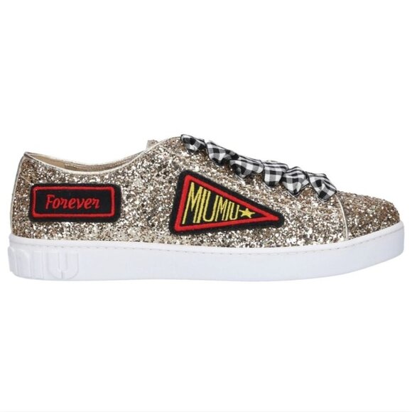 MIU MIU | Glitter Sneakers with Patches, Gold Size 35 MSRP: $650.00 - Picture 1 of 8